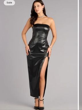 Windsor Black Strapless Faux-Leather Maxi Dress with High Slit